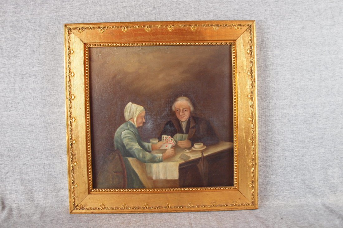 Oil on canvas of man and woman playing cards, 11": Oil on canvas of man and woman playing cards, 11" x 11", signed on back, Alice Richardson Hunt, 1900
