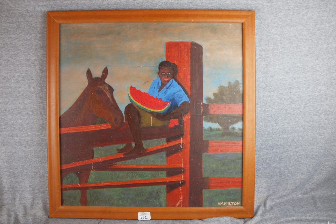 Oil on board of Black Americana boy on fence with: Oil on board of Black Americana boy on fence with horse eating water melon, signed Hamilton, 1957, 22 1/2" x 22 1/2"