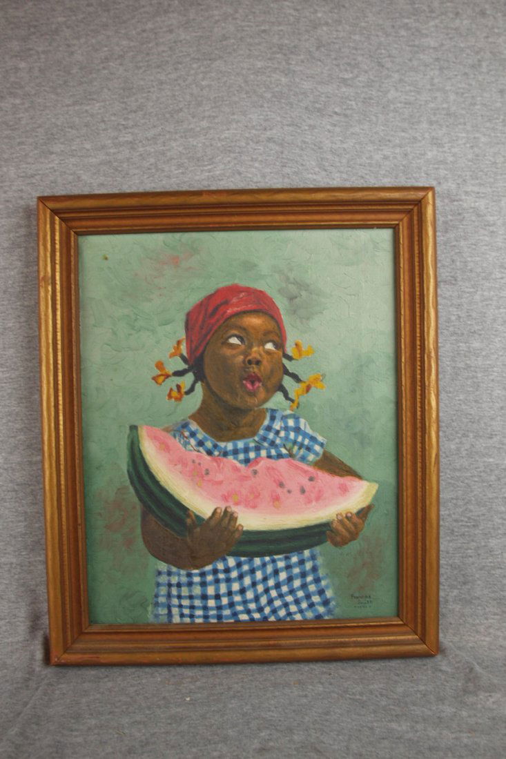 Oil on canvas of Black Americana girl eating wate: Oil on canvas of Black Americana girl eating watermelon, signed Frances Smith, 1941