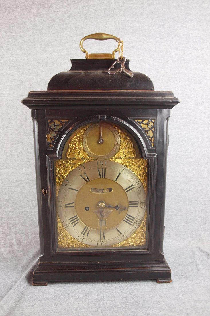 Rare Charles Clay London black ebony table clock,: Rare Charles Clay London black ebony table clock, 19 1/2"