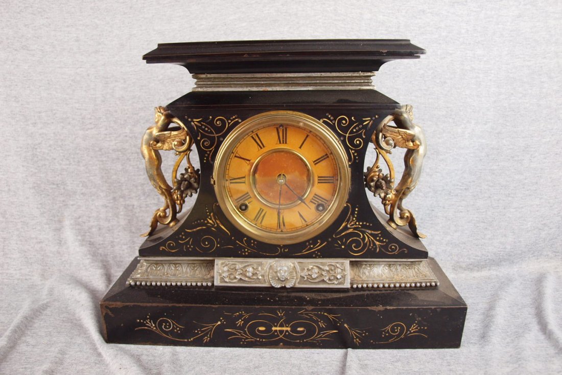 Ansonia black iron mantle clock with ormolu, "Ros: Ansonia black iron mantle clock with ormolu, "Rosalind" model, 12 1/2"h, 15"w, some paint wear