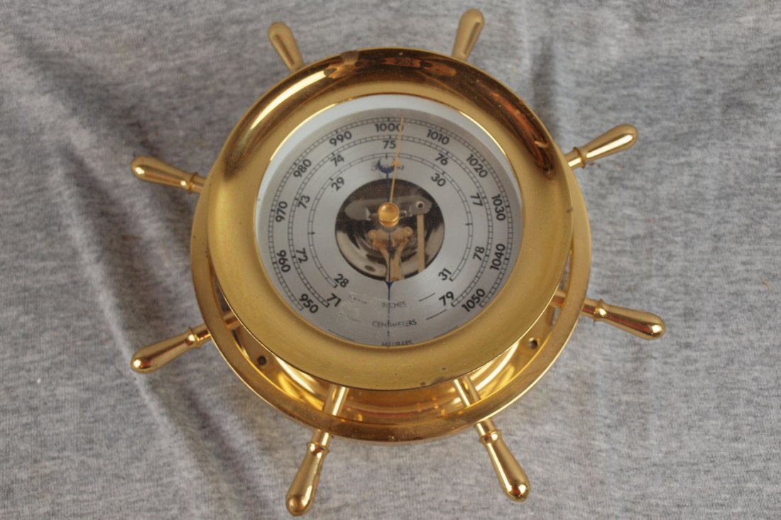 Chelsea Clock Co Boston brass ship's wheel barome: Chelsea Clock Co Boston brass ship's wheel barometer, 9"w