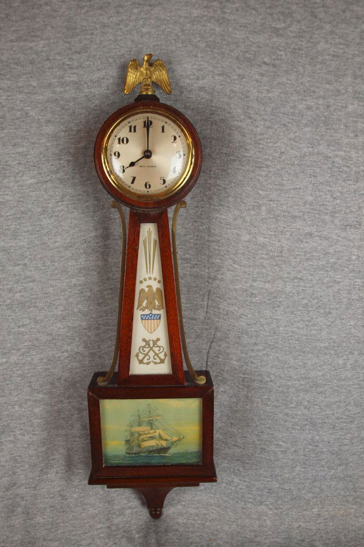 Seth Thomas banjo clock with ship scene, 22 1/2": Seth Thomas banjo clock with ship scene, 22 1/2"
