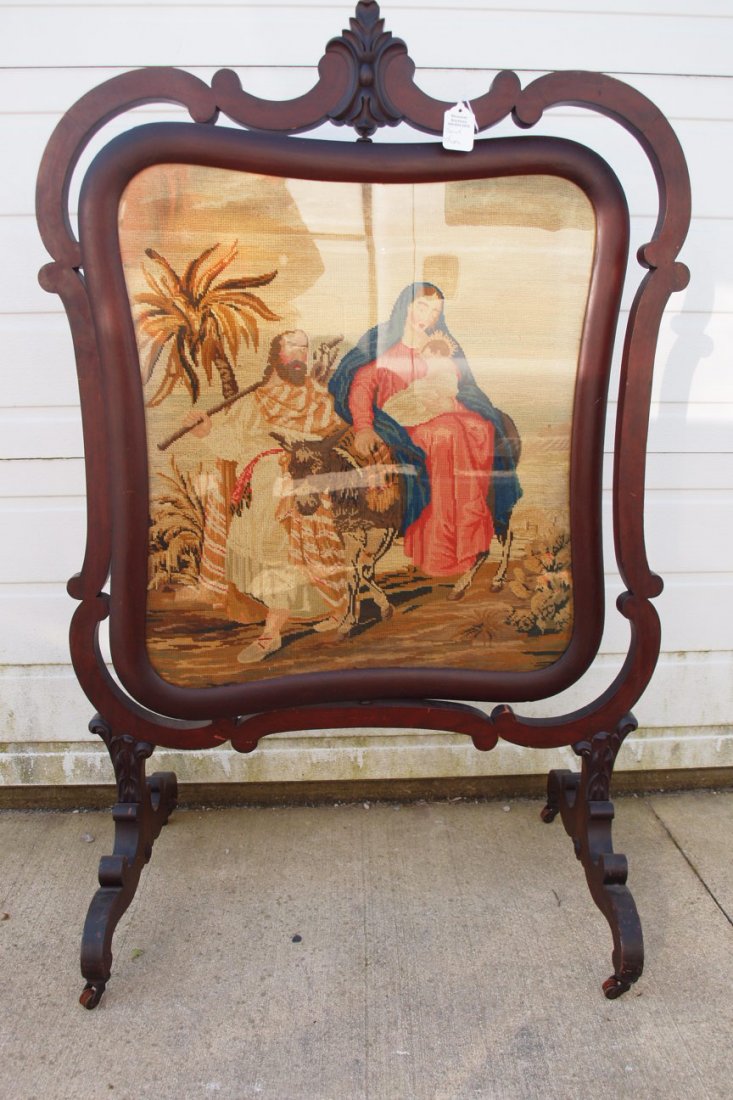 Victorian walnut fireplace screen with tapestry o: Victorian walnut fireplace screen with tapestry of Mary, Joseph and child with donkey, fabric back, 50"h, 30"w