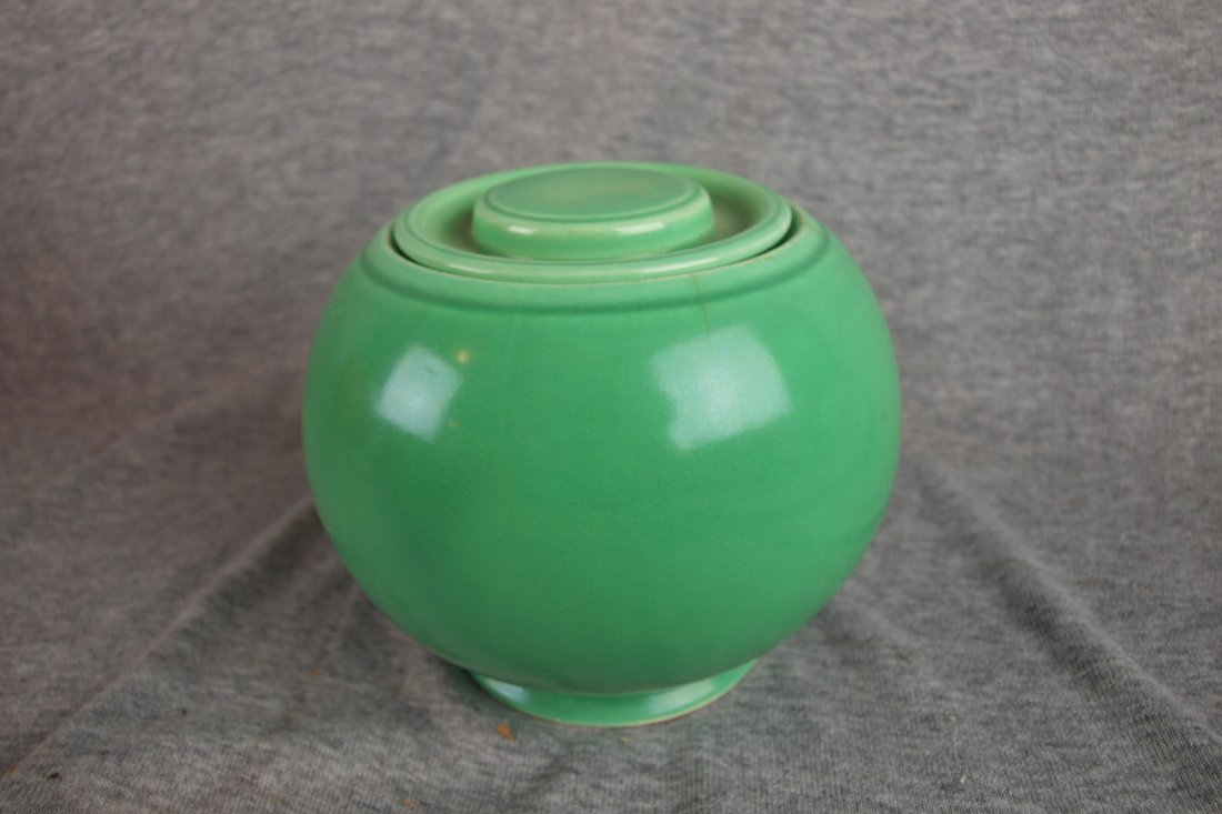 Fiesta Kitchen Kraft small light green covered jar: Fiesta Kitchen Kraft small light green covered jar, hairline to base