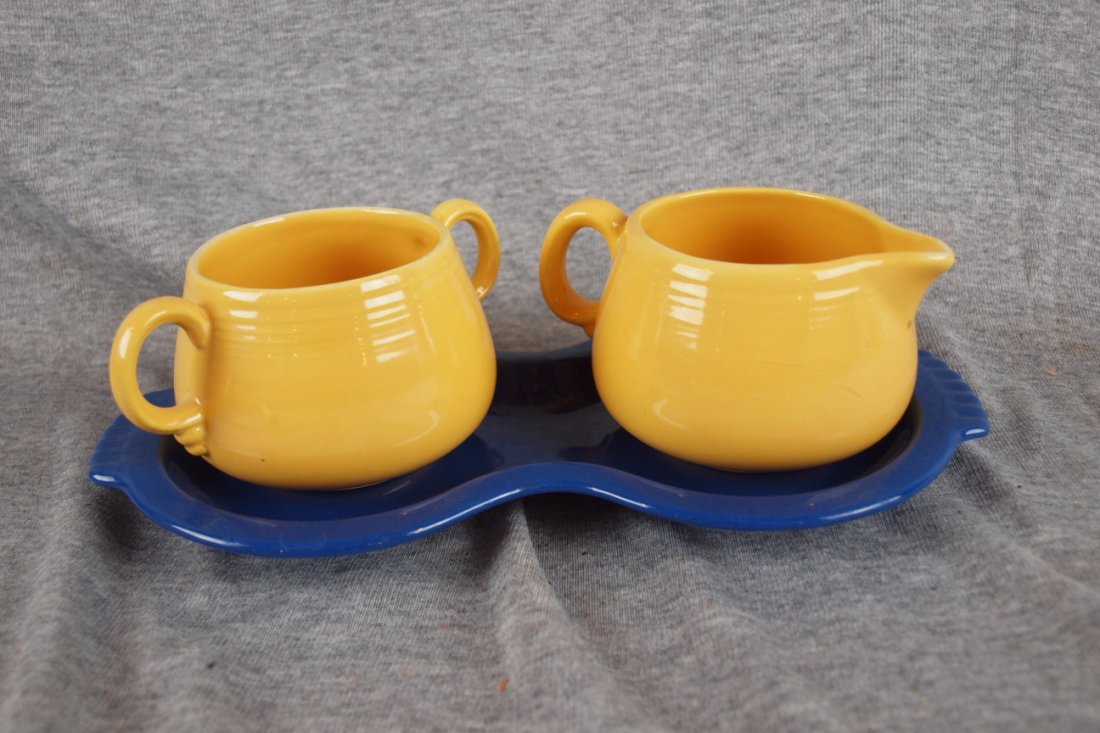 Fiesta yellow creamer and sugar (no lid) and cobal: Fiesta yellow creamer and sugar (no lid) and cobalt figure 8 tray