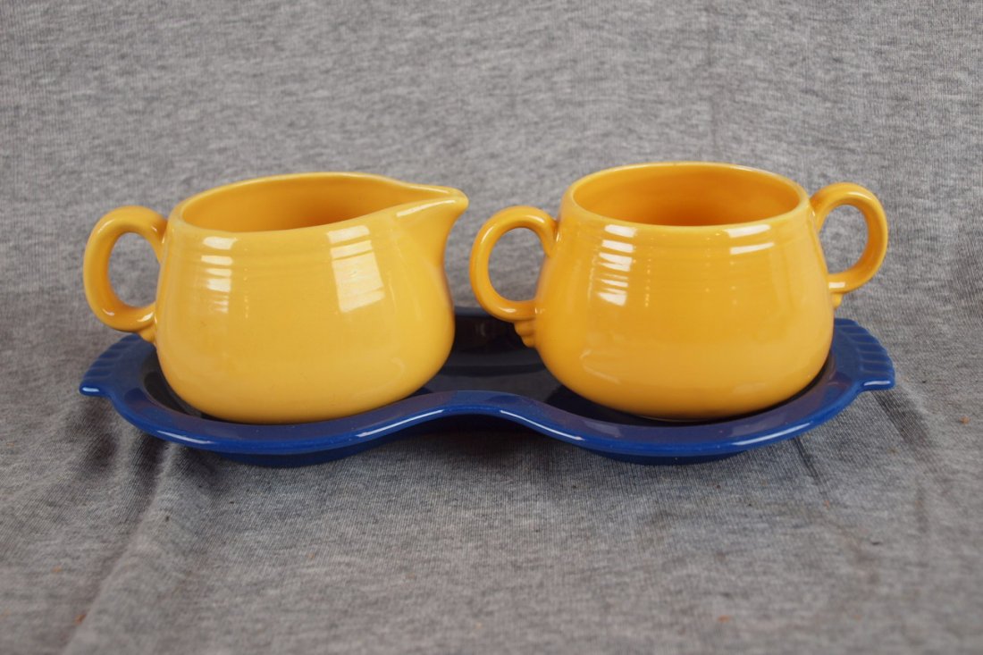 Fiesta yellow individual cream and sugar (no lid) : Fiesta yellow individual cream and sugar (no lid) and cobalt figure 8 tray