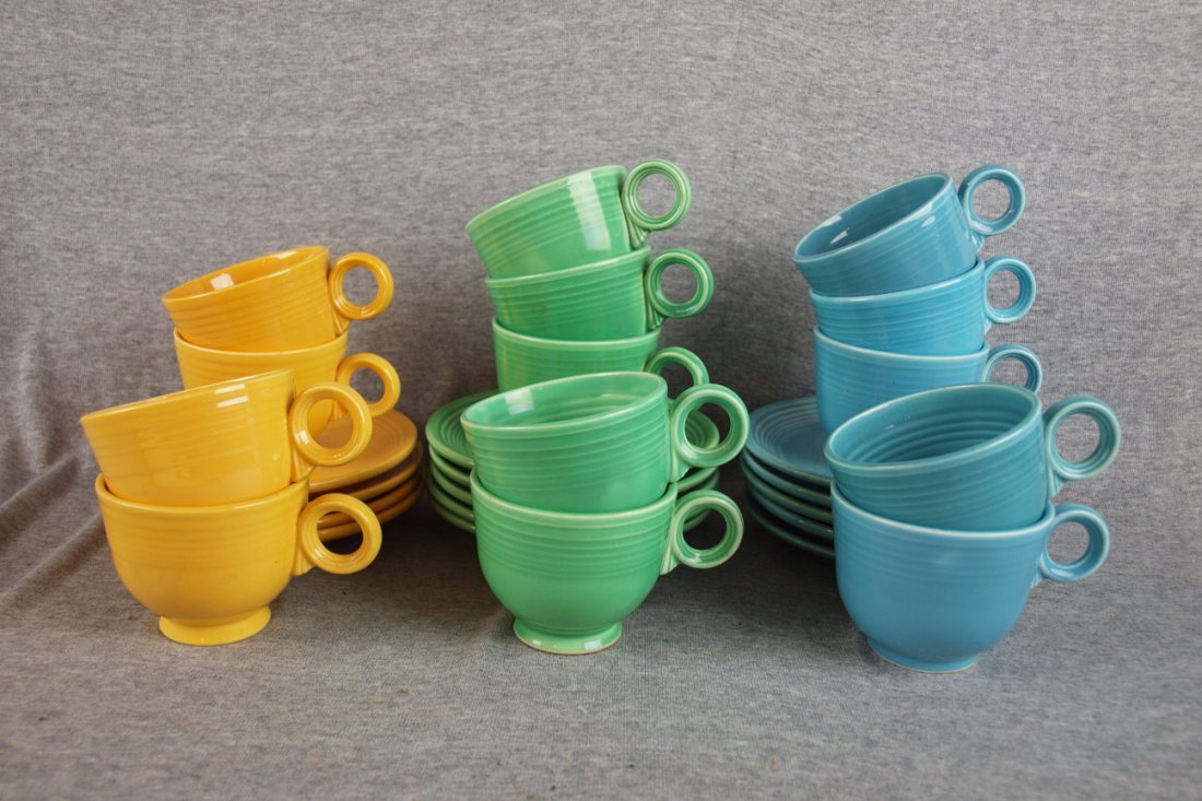 Fiesta cup/saucer group - 4 yellow, 5 light green: Fiesta cup/saucer group - 4 yellow, 5 light green and 5 turquoise