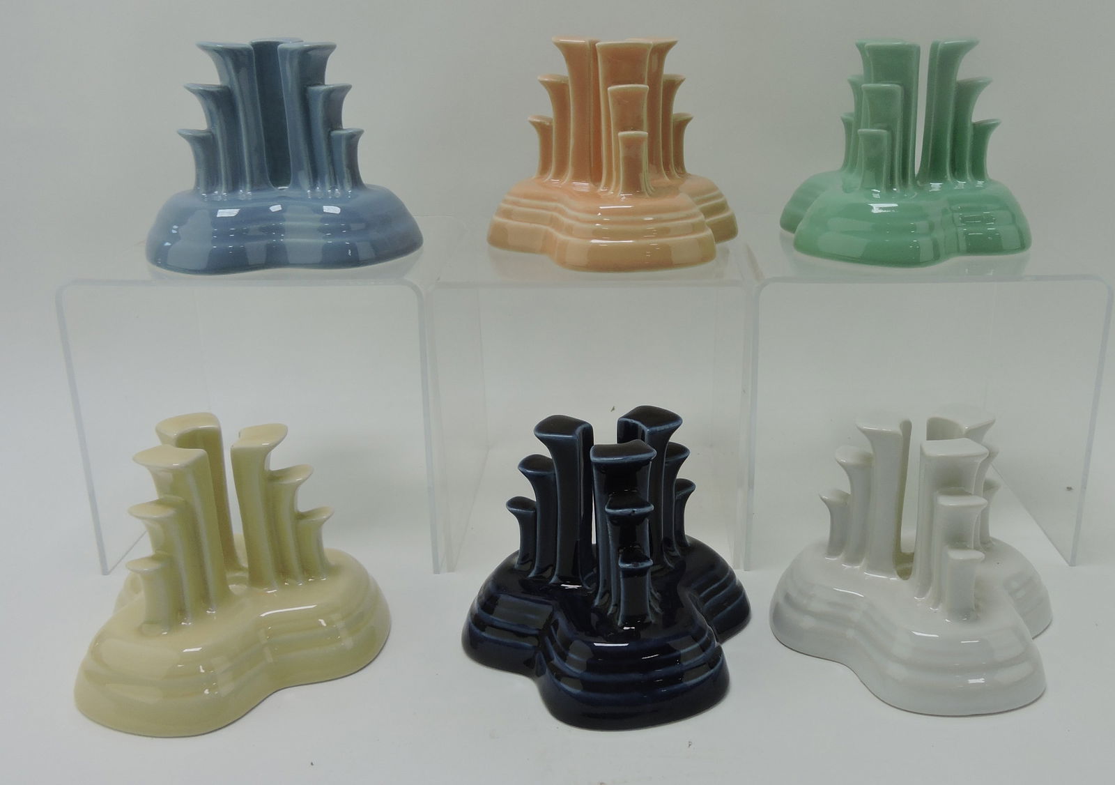 Fiesta Post 86 pyramid candle holders,: 6 singles, mixed colors