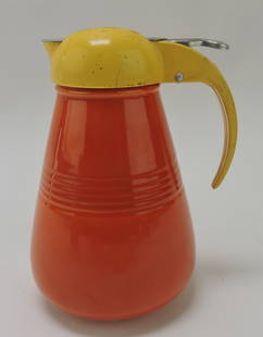 Harlequin syrup pitcher, red,: hairline to lid