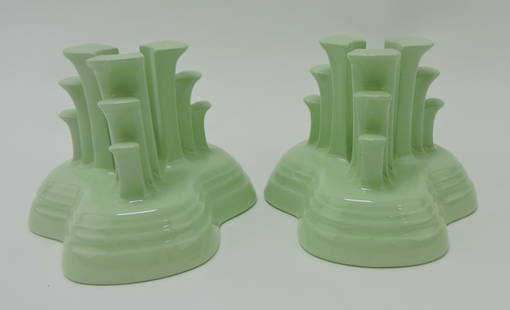 RARE RARE RARE Fiesta pair of: vintage tripod candle holders with experimental celadon green glaze, only ones known