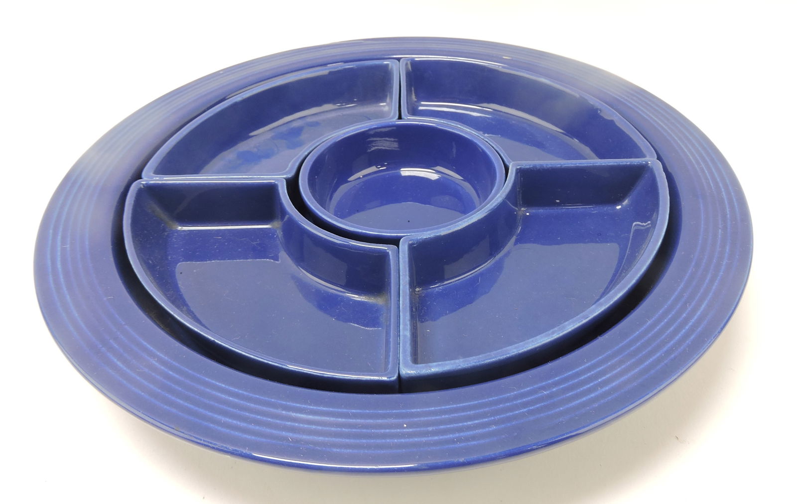 Fiesta relish tray, cobalt, nick to one (1 of 1)