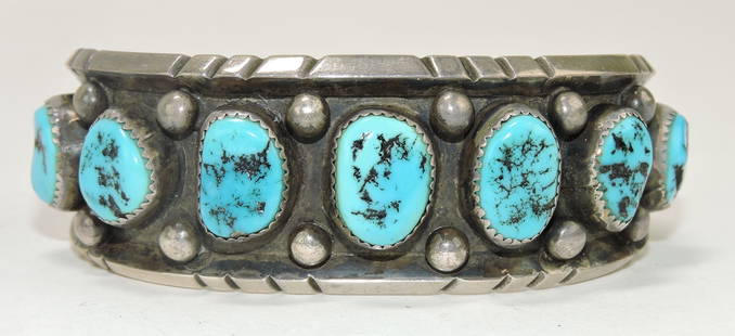 Navajo American Indian sterling: silver turquoise cuff bracelet signed RC