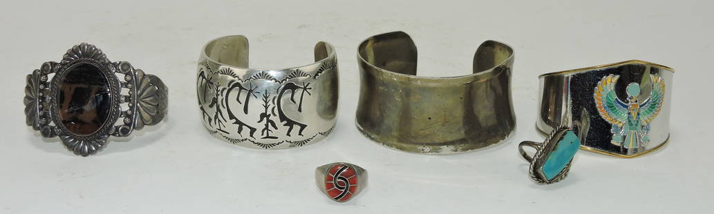 Navajo American Indian lot of 4: cuff bracelets and 2 rings, some sterling silver