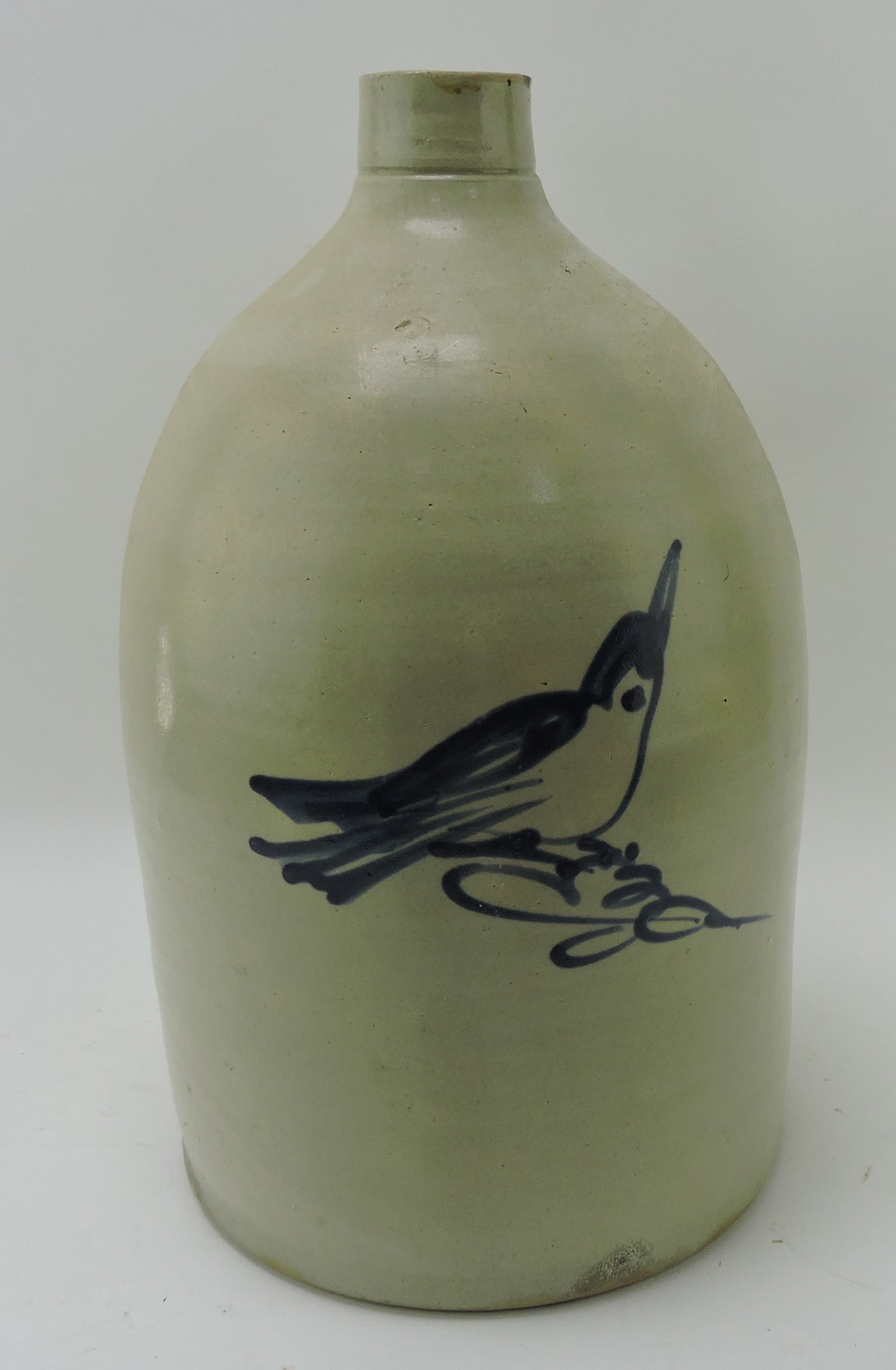 Stoneware 3 gallon jug with blue bird: mark, hairline to spout, 16"