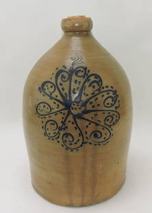 Stoneware 2 gallon jug with pinwheel: blue mark, 14"