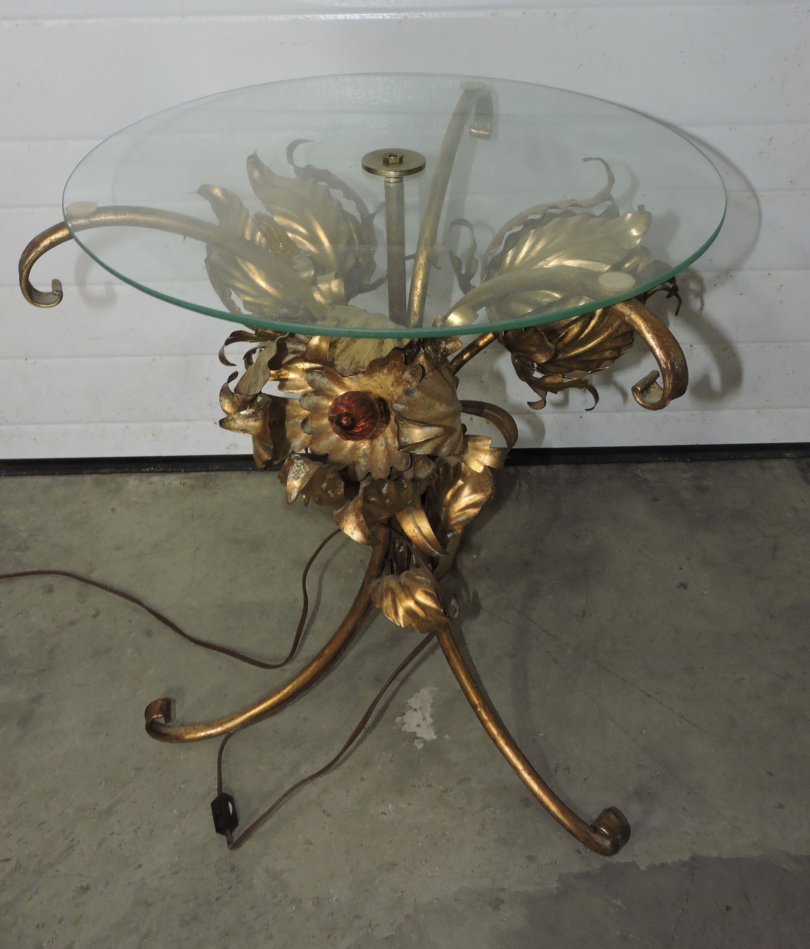 MCM metal lamp table with floral base, (1 of 2)