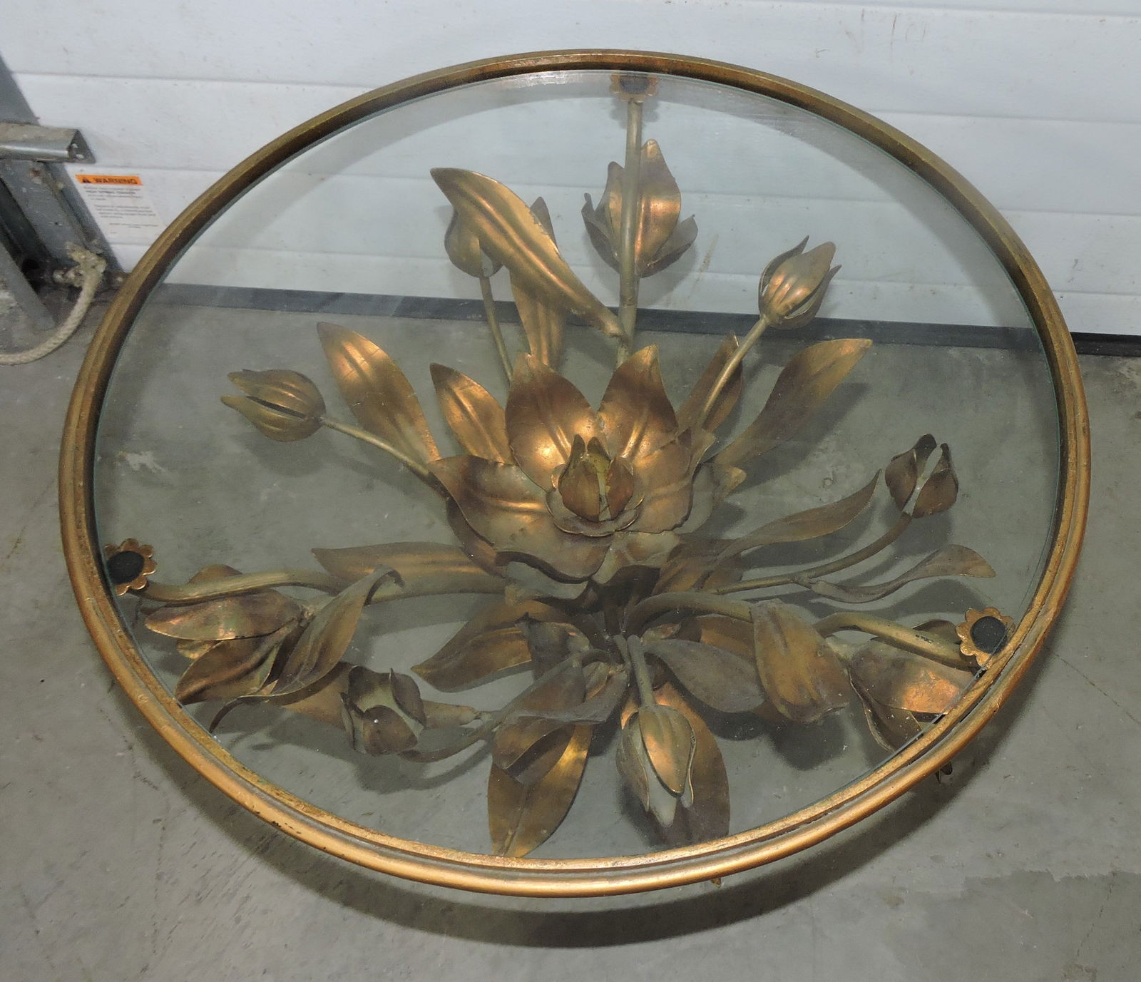 MCM metal lamp table with floral base, (1 of 2)