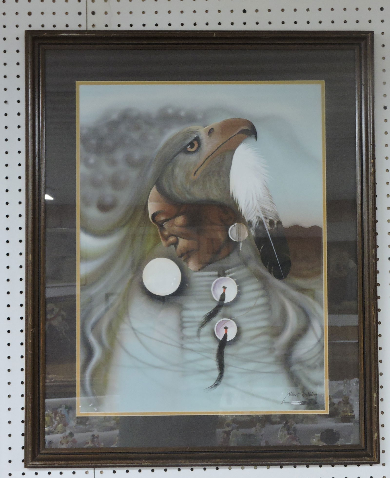 Southwest Navajo pastel of Indian,: 34"x27", signed Robert Redbird