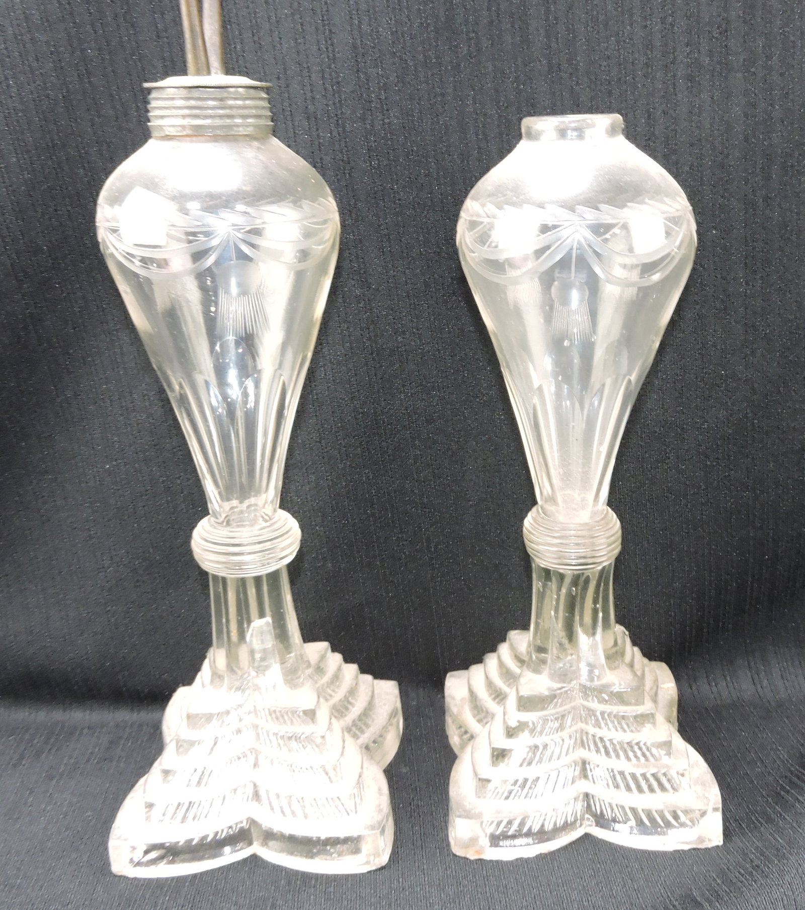 Whale oil pair of lamps with etched: font, 10", chips to base