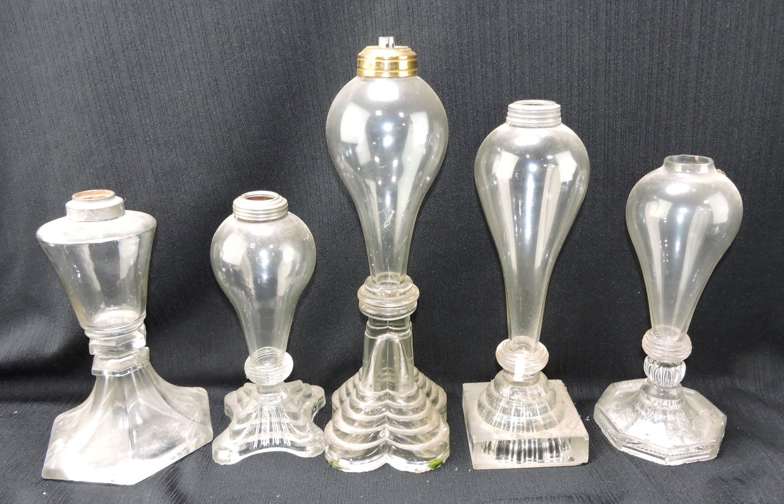 Whale oil lamp lot of 5, base chips,: 8 to 12"
