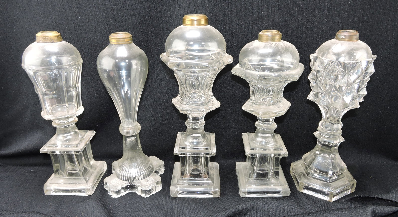 Whale oil lamp lot of 5, base chips,: 11 to 12"