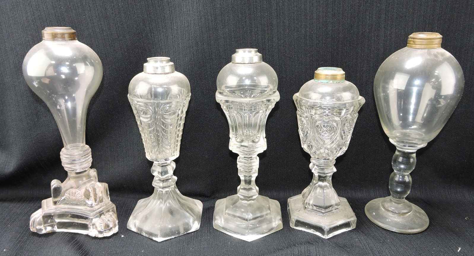 Whale oil lamp lot of 5, base chips,: 8 to 10"