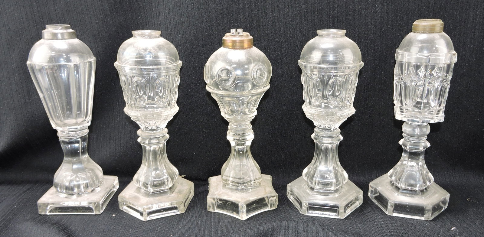 Whale oil lamp lot of 5, base chips,: 9"