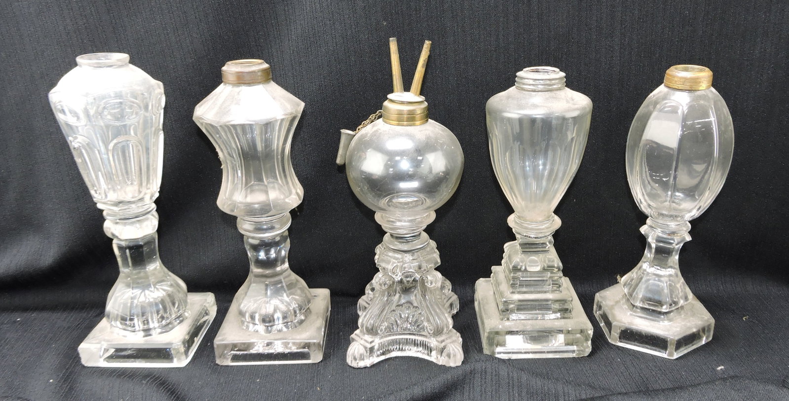 Whale oil lamp lot of 5, base chips,: 8 to 10"