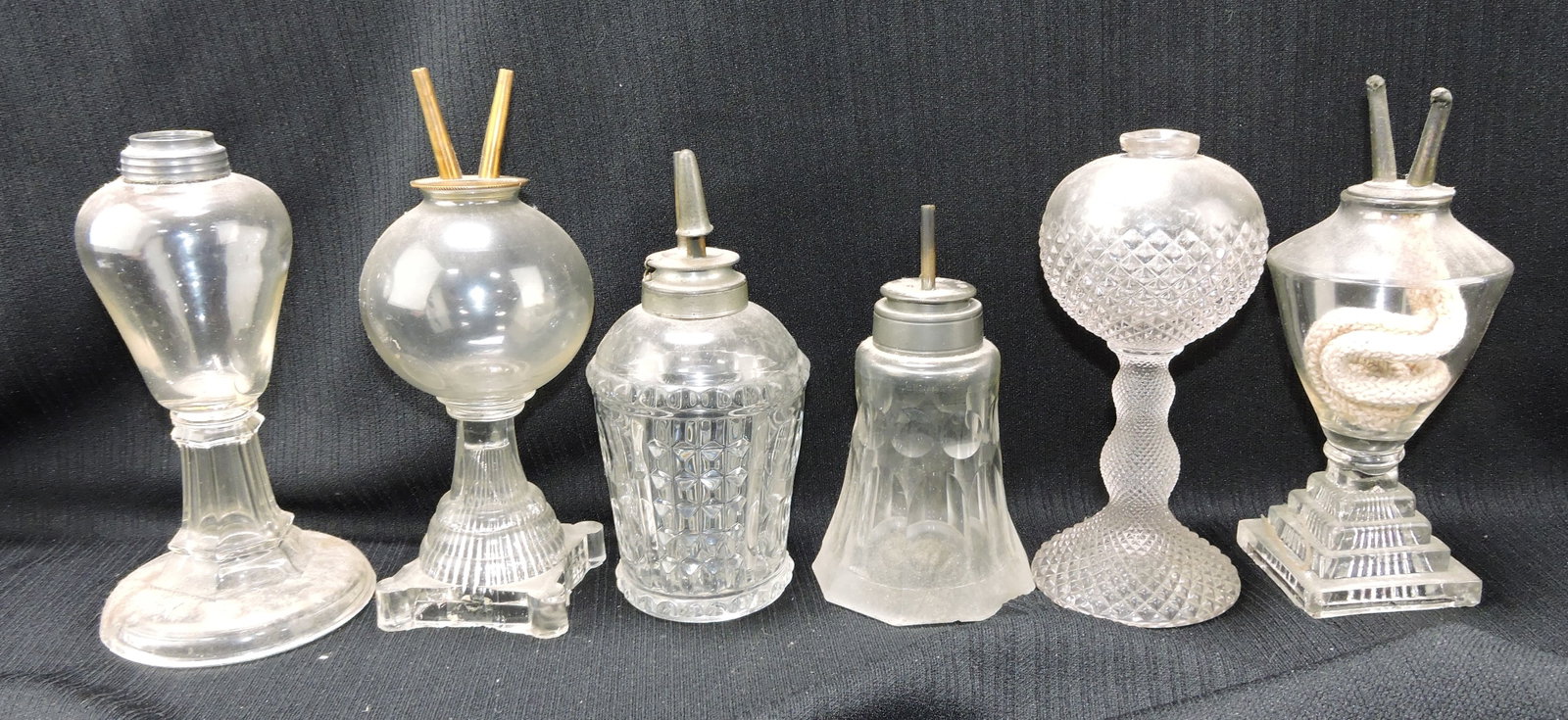 Whale oil lamp lot of 6, base chips,: 4 to 7"