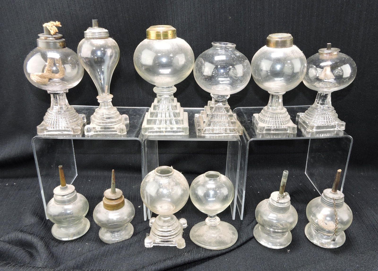 Whale oil lamp lot of 12, base chips,: 2 1/2 to 5"