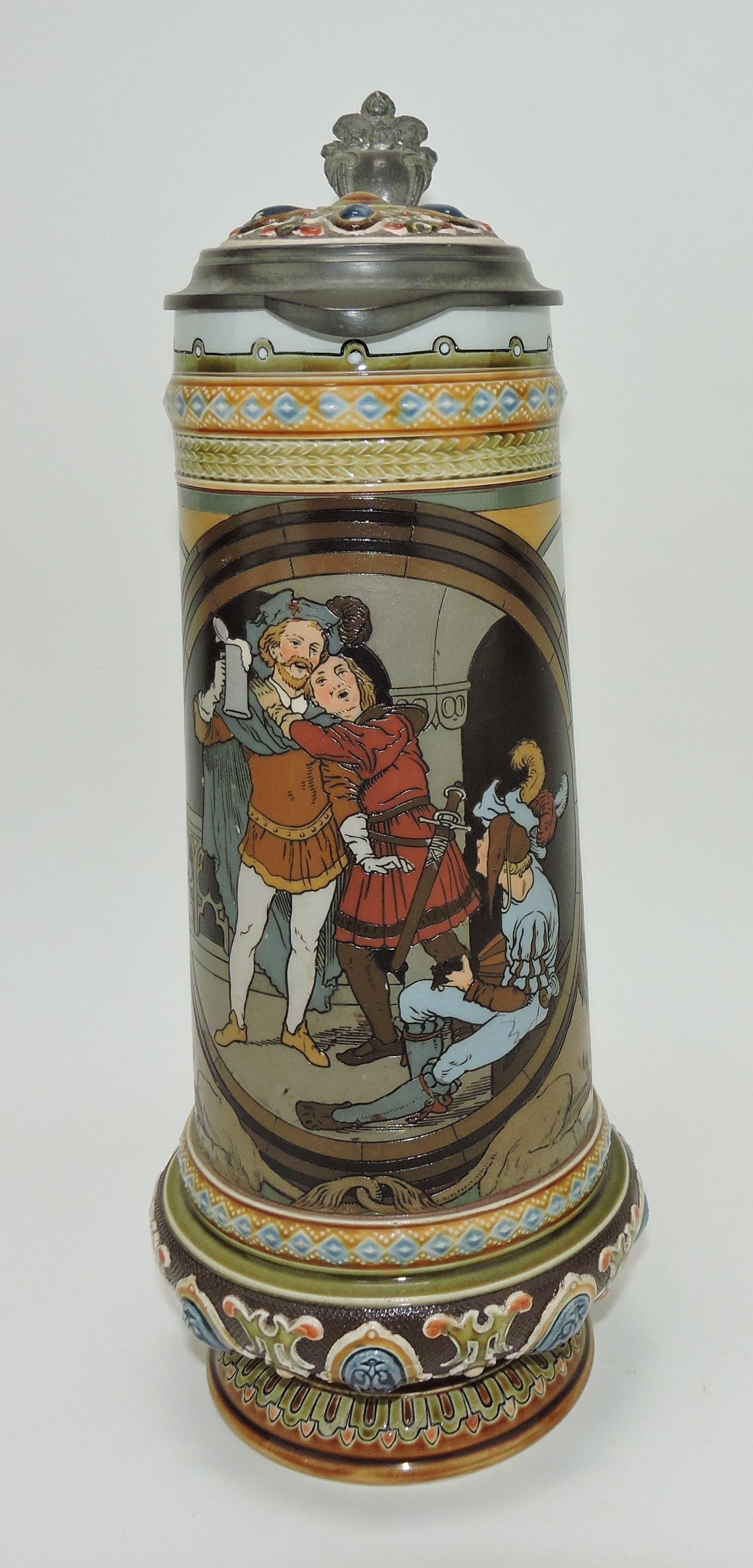 Mettlach stein #2690, 1.5L. 12", jeweled,: men drinking and singing