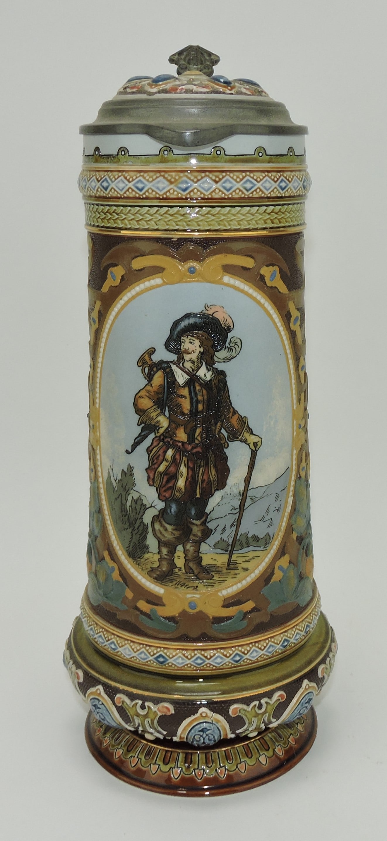 Mettlach stein #2105, 1.5L, jeweled,: 12", Trumpeter of Sackingen