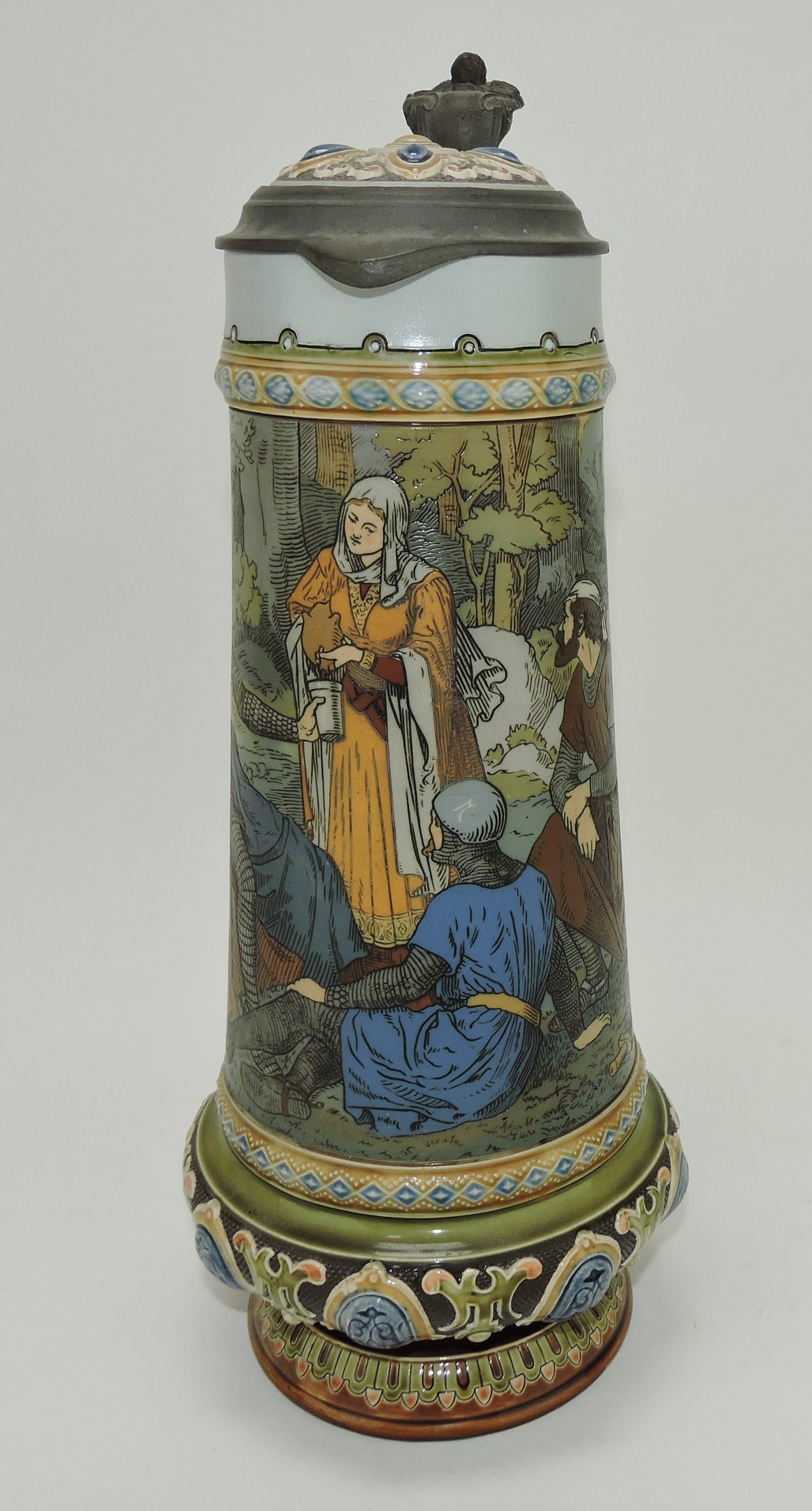 Mettlach stein #2481, 1.5L, jeweled,: 12", Hildegund & wounded soldiers