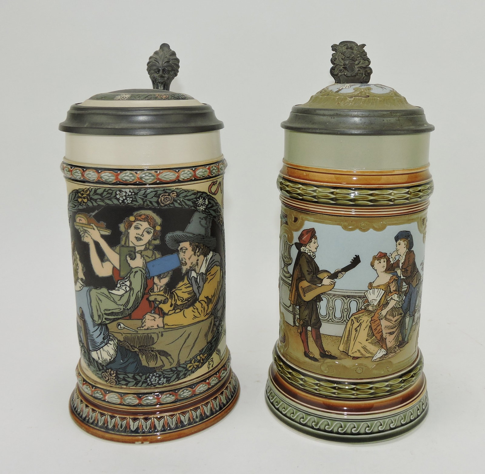 Mettlach lot of 2 steins, #2716 1L,: Festive AND #2285 1L, Guitar player
