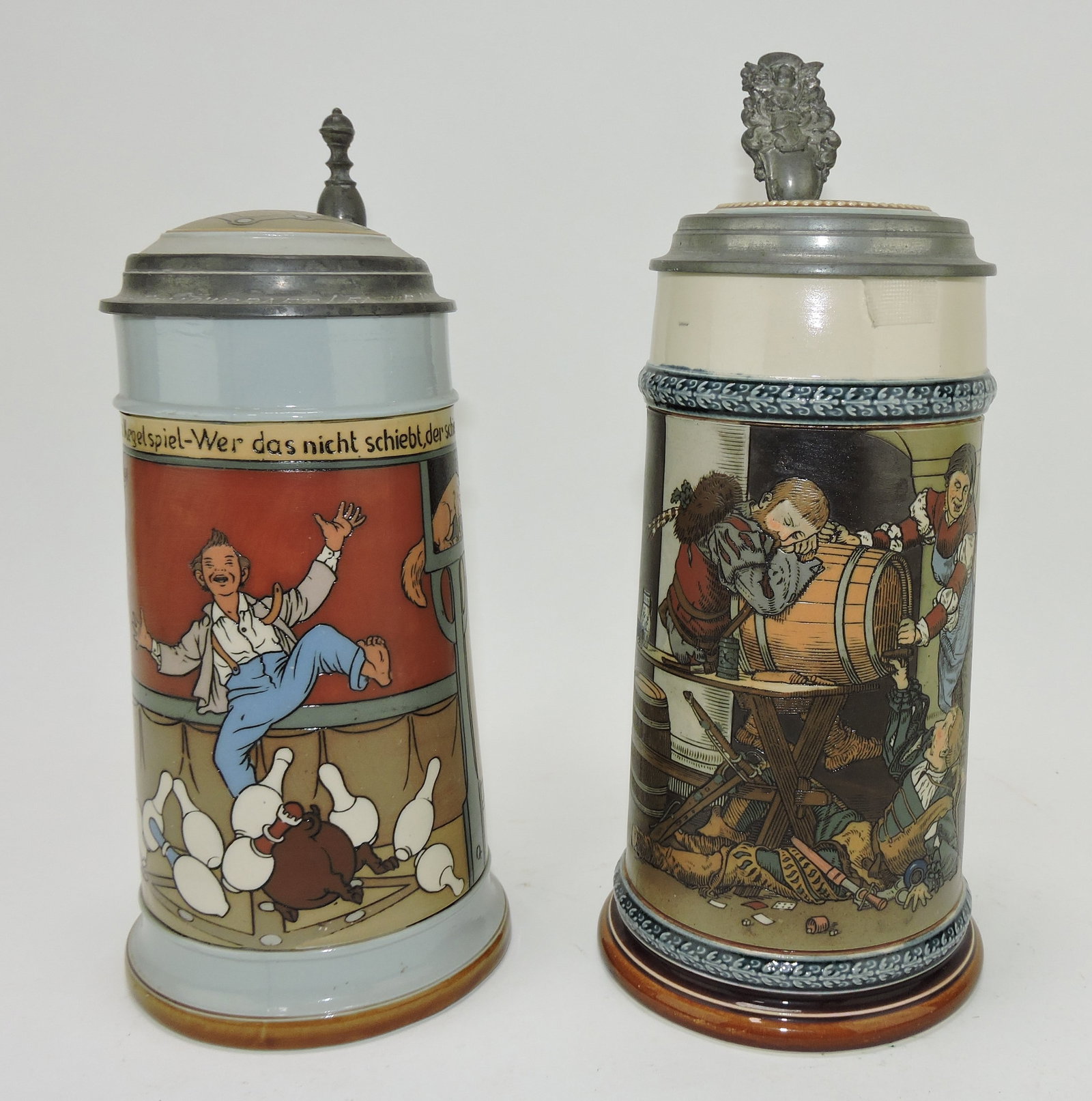 Mettlach lot of 2 steins, #2959 1L,: bowlers, AND #2500 1l, student with keg
