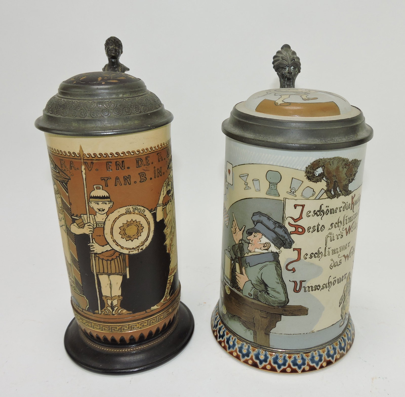 Mettlach lot of 2 steins, #2191 1/2L,: Warriors AND #2090 1L, disgusted gambler/wife (repair)