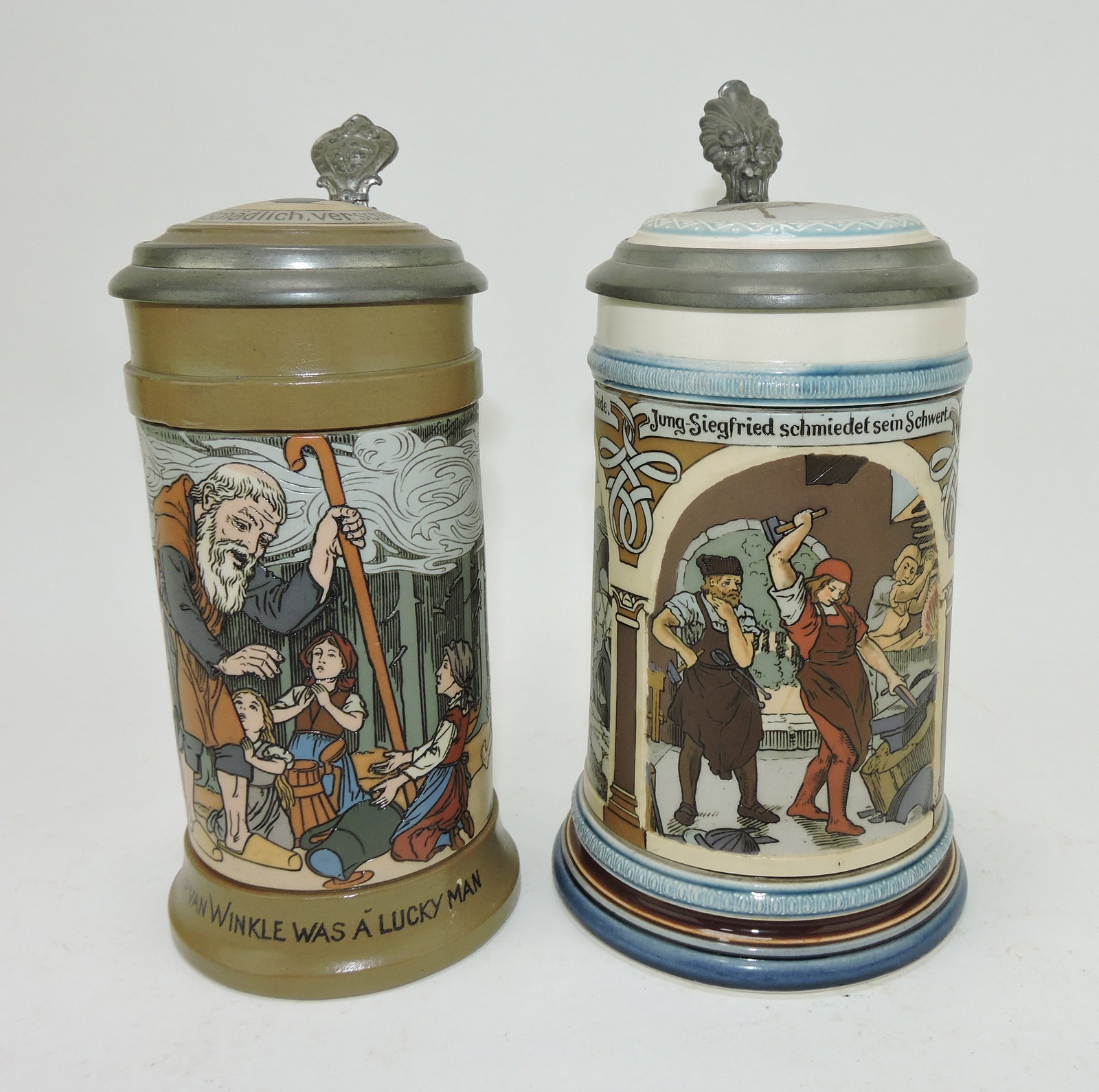 Mettlach lot of 2 steins, #2809 1/2L,: Rip Van Winkle AND #2394 Siegfried slays dragon