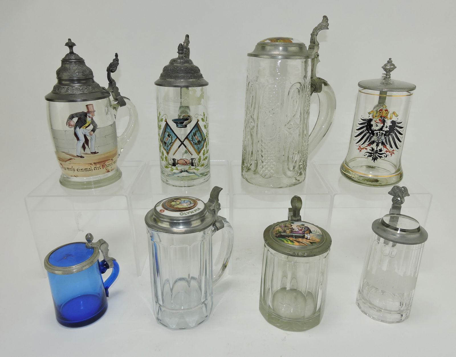 Lot of 8 glass steins, 4 to 9" (1 of 1)