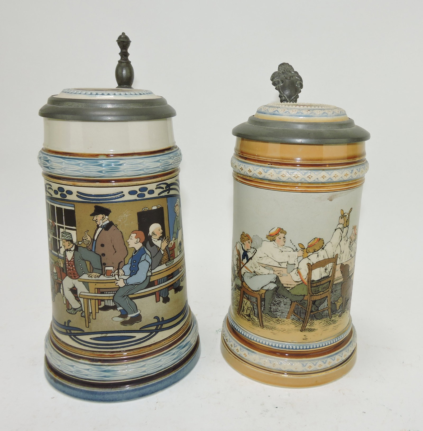 Mettlach lot of 2 steins, #2632 1/2L,: bowling AND #1146 1/2L, students drinking