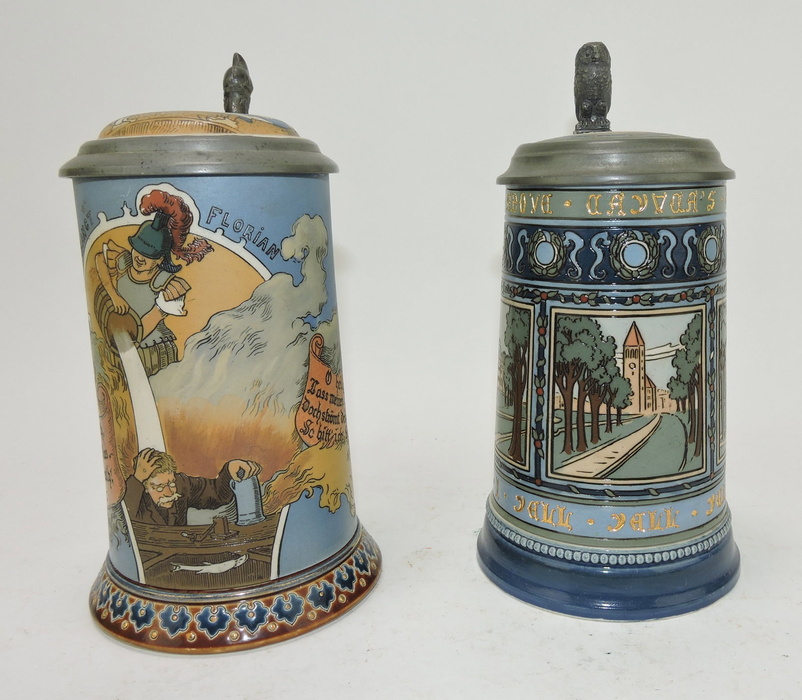 Mettlach lot of 2 steins, #2091 1/2L,: St. Florain AND #2872 1/2L, Cornell University