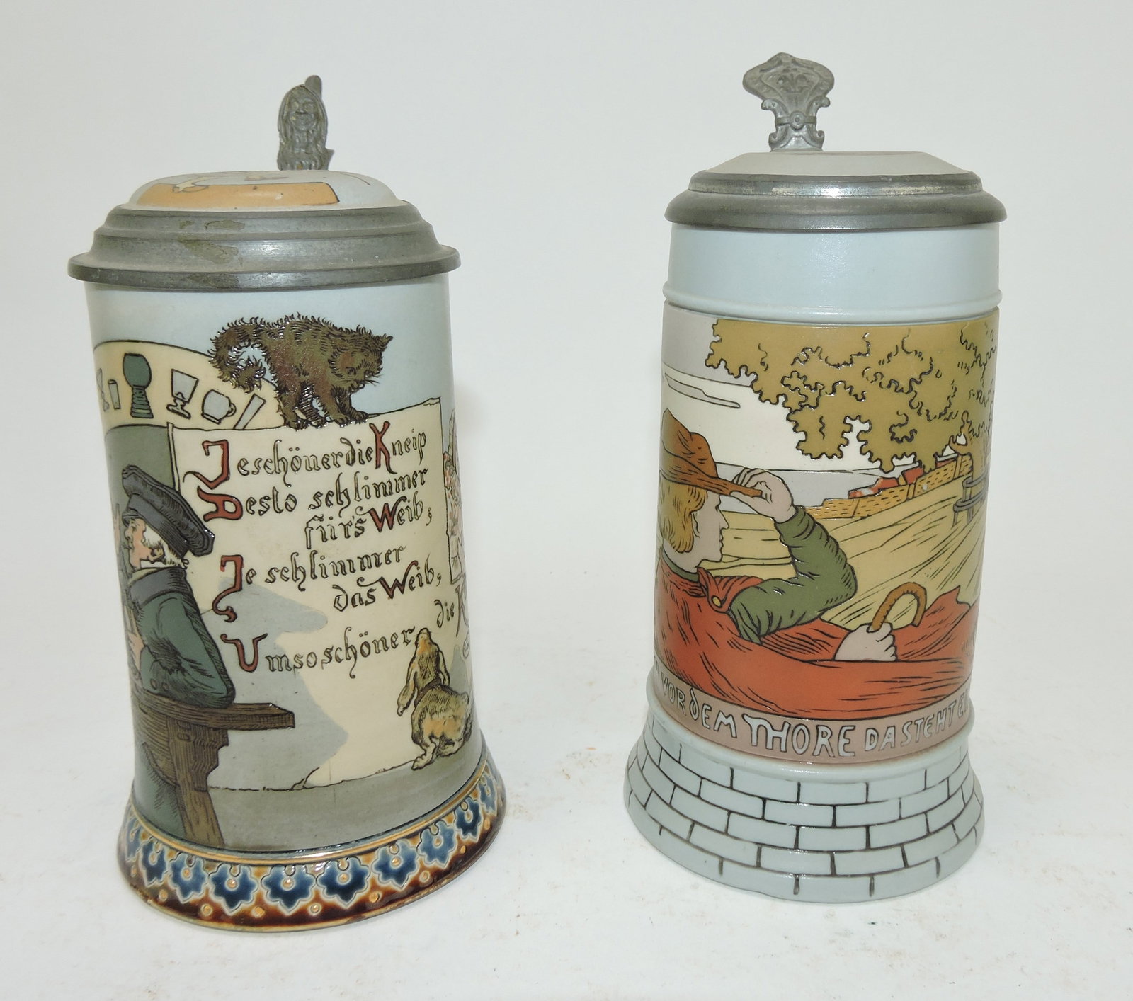 Mettlach lot of 2 steins #2090 3/10L,: man gambling AND #2833A 3/10L, man in red cape