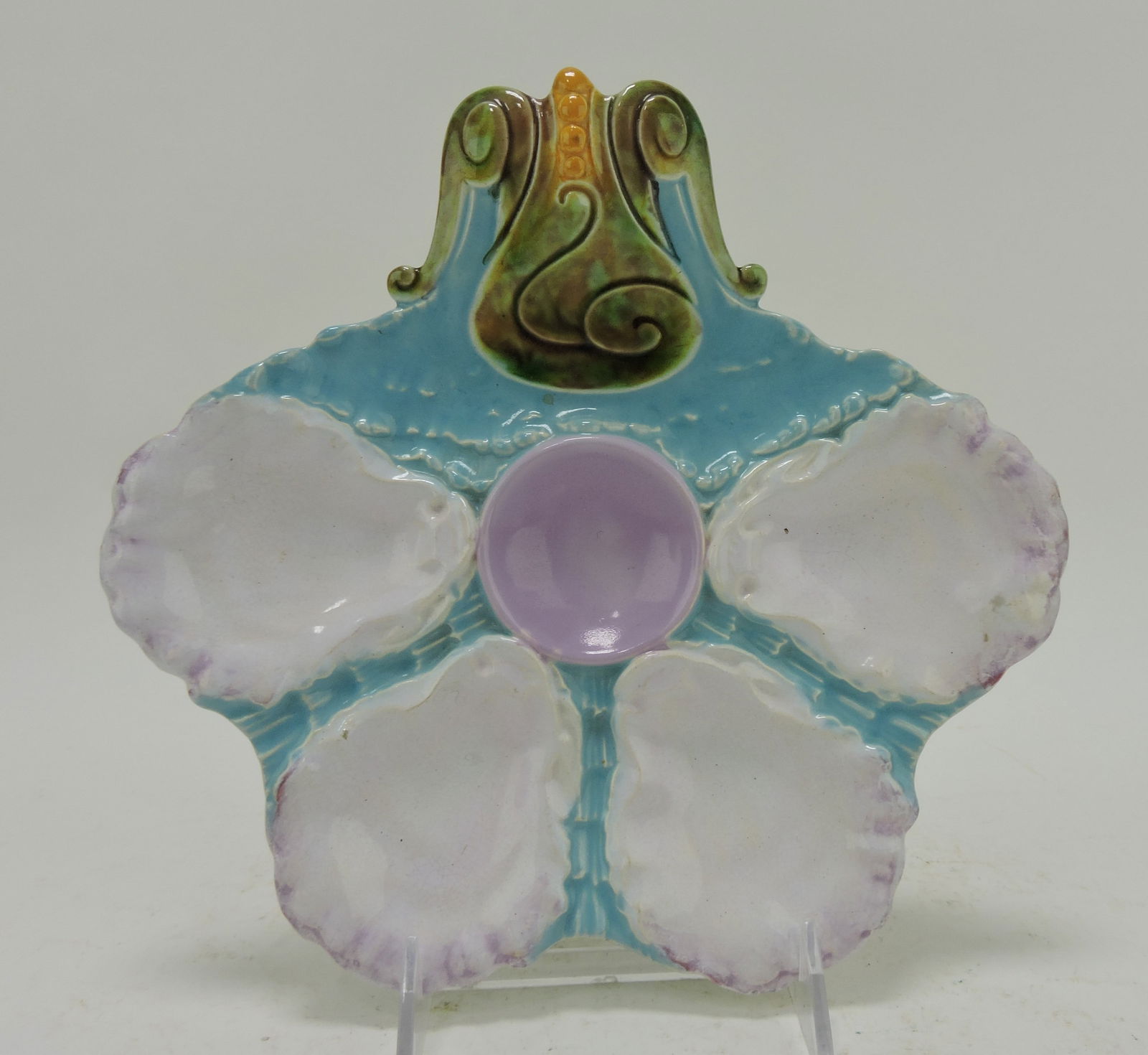 George Jones majolica Boteler: four well oyster plate, 9"