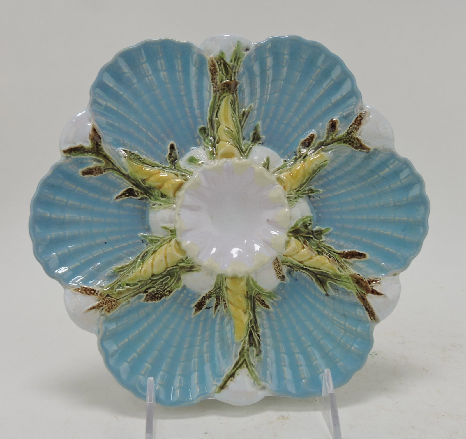 George Jones majolica turquoise: six well oyster plate, 8 3/4"; touch up repair to center shell