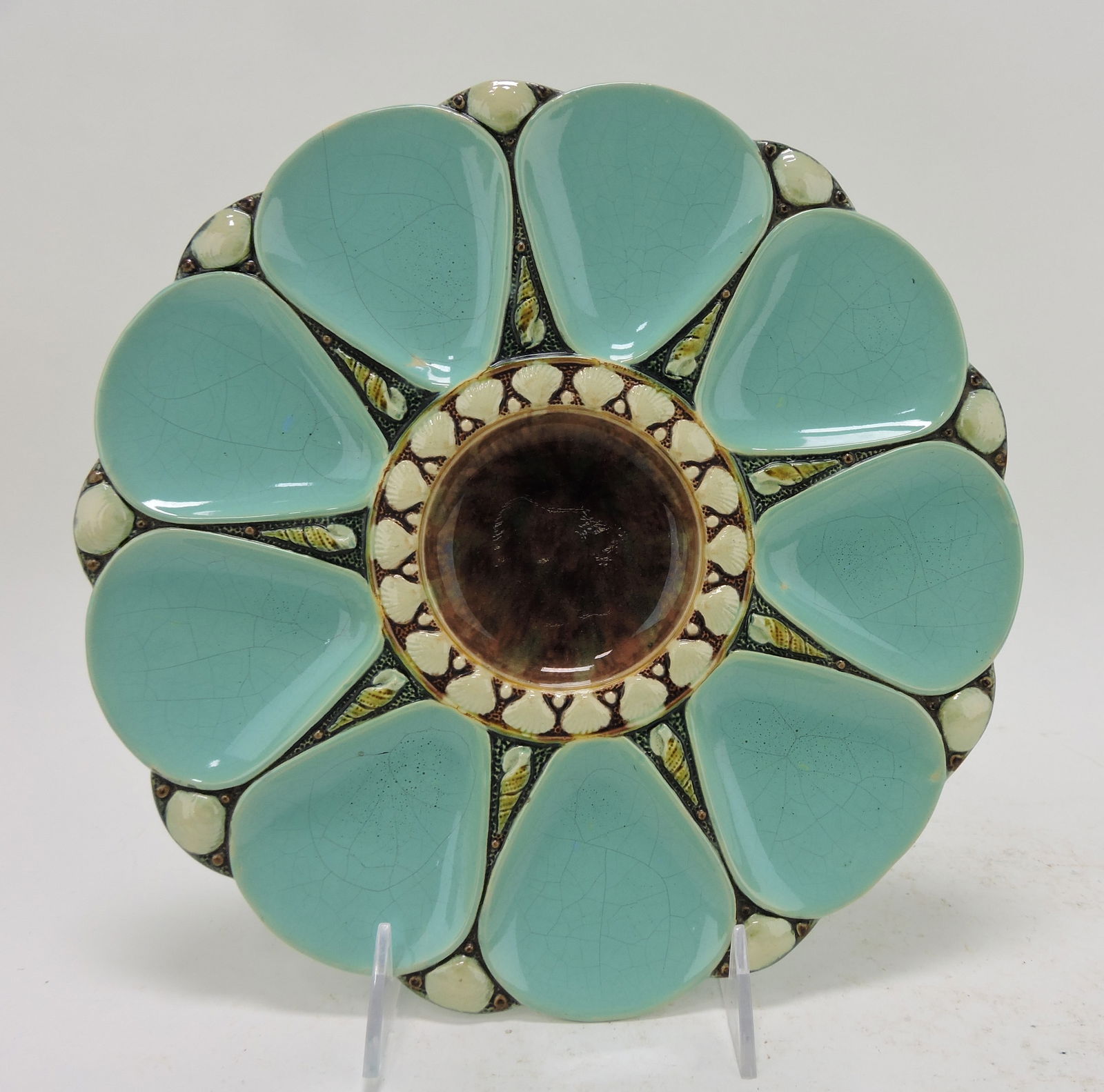 Minton majolica 9 well oyster plate, (1 of 2)