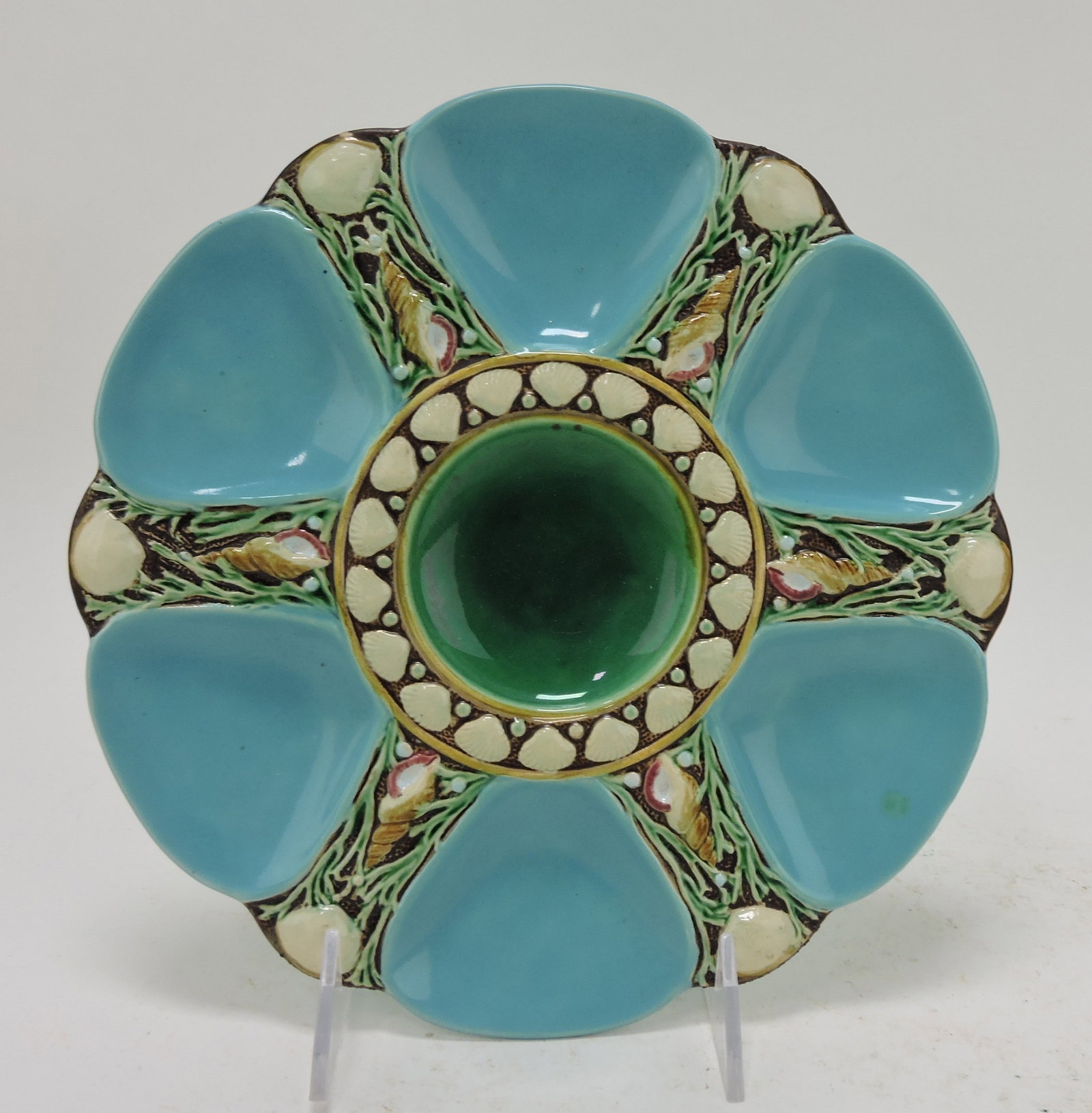 Minton majolica six well oyster plate,: shape no. 1323, 9", turquoise; Sue & Harry Thurmon Collection