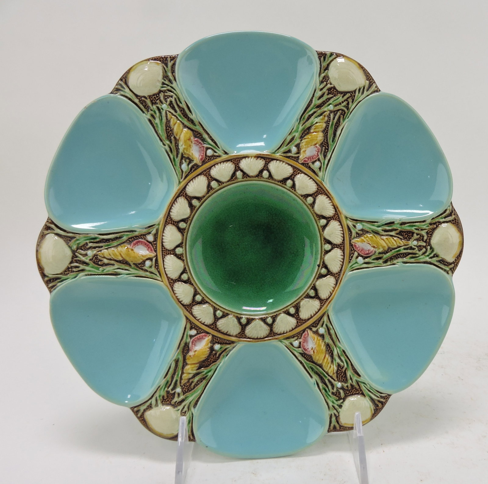 Minton majolica six well oyster plate,: turquoise, 9"