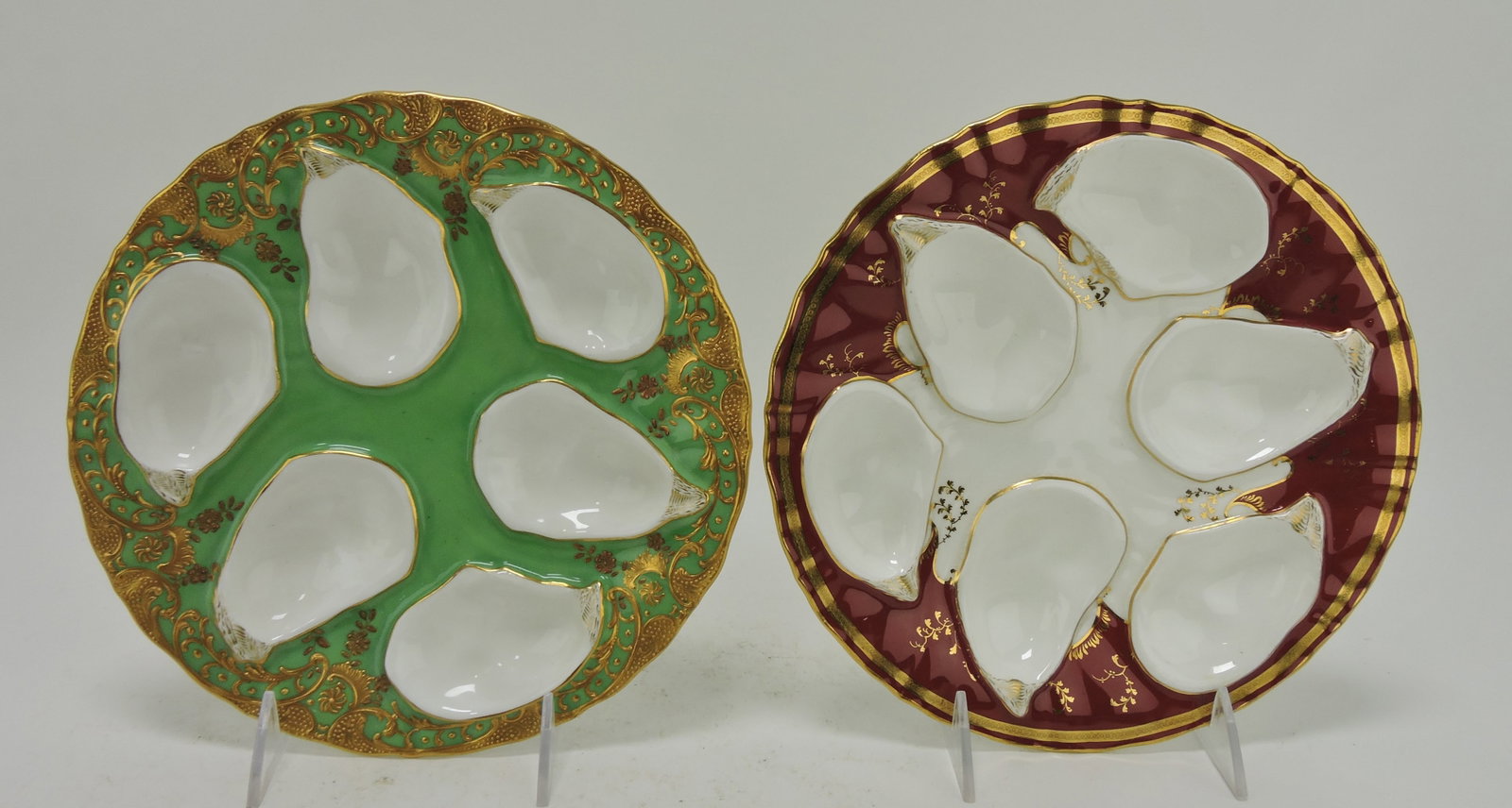 Minton porcelain lot of two oyster: plates, six well, green plate with hairline
