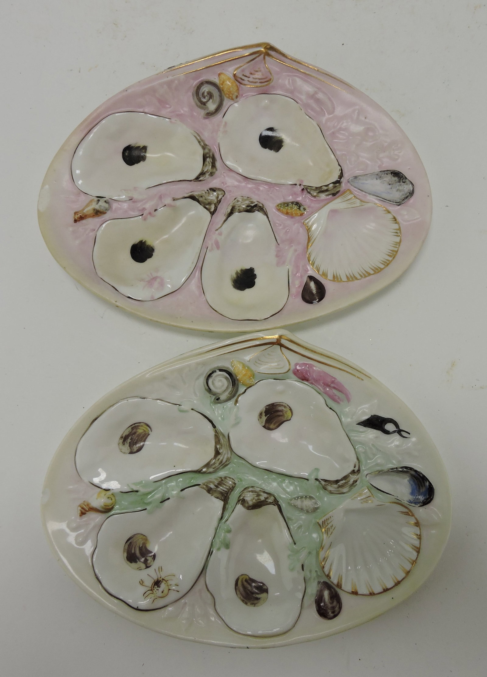 Union Porcelain Works (UPW) lot of: 2 - 8 1/2" four well shell shaped oyster plates; rim chips