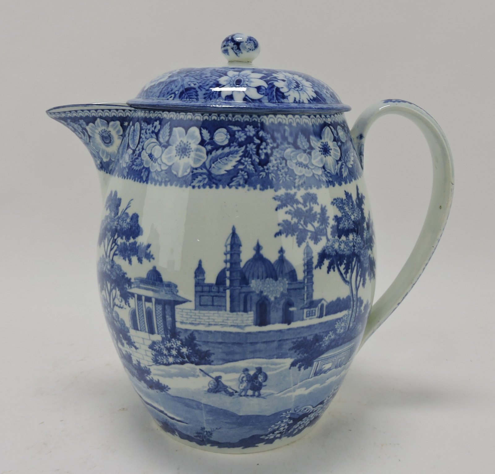 Blue & white punch jug with lid: (chip to inside flange), Herculean design, 10 1/2"
